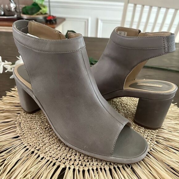 ECCO Gray Leather Peep Toe Block Heel Slingback Ankle Booties sz /41 USA 10-10.5 - Picture 2 of 8